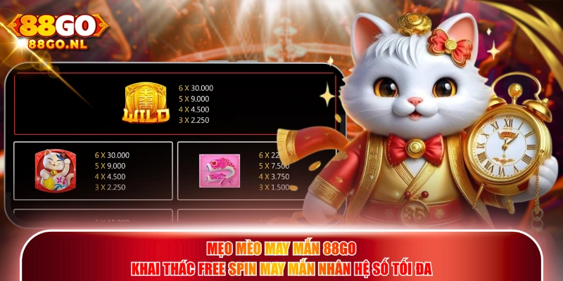Mẹo Mèo May Mắn 88GO khai thác Free Spin may mắn nhân hệ số tối đa.